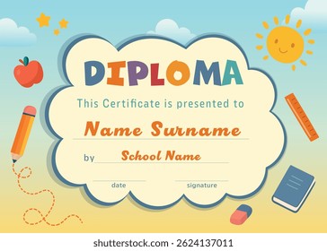Kindergarten diploma certificate template with sun and cloud school supplies colorful background