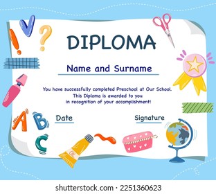 Diploma de guardería. Certificado de diploma escolar y preescolar colorido para niños y niños de preescolar o primaria con elementos de doodle. Ilustración plana de dibujos animados