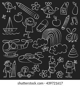 Kindergarten doodle pictures on blackboard