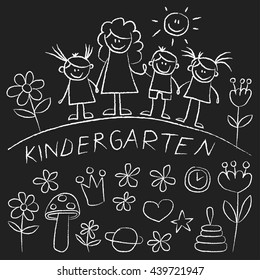 Kindergarten doodle pictures on blackboard