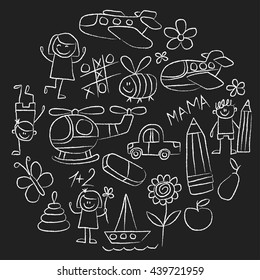 Kindergarten doodle pictures on blackboard