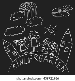 Kindergarten doodle pictures on blackboard