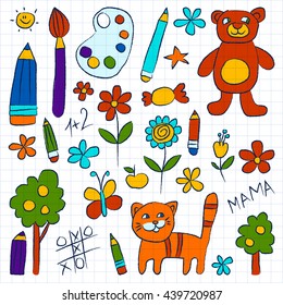 Kindergarten doodle pictures on notepad paper