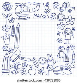 Kindergarten doodle pictures on notepad paper