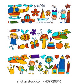 Kindergarten doodle pictures On white background