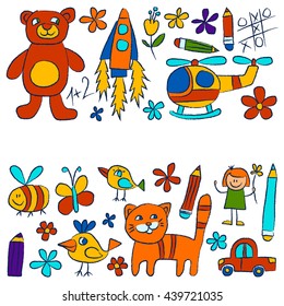 Kindergarten doodle pictures On white background