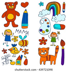 Kindergarten doodle pictures On white background