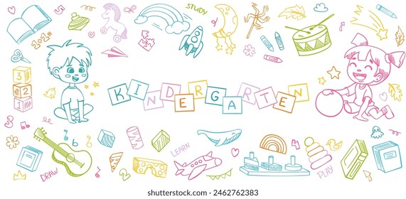 Kindergarten doodle set. Cute daycare hand drawn vector illustrations with toy, animal, activities, hopscotch. Childish cute preschool and school activity, education doodle background.