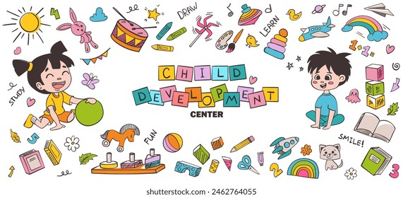 Kindergarten doodle set. Cute daycare hand drawn vector illustrations with toy, animal, activities, hopscotch. Childish cute preschool and school activity, education doodle background.