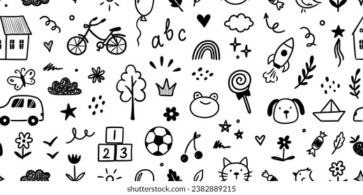 Kindergarten doodle vector background. Hand drawn doodle style children cute seamless pattern, preschool wallpaper. Kids education simple background with toy, car, house elements. Vector illustration