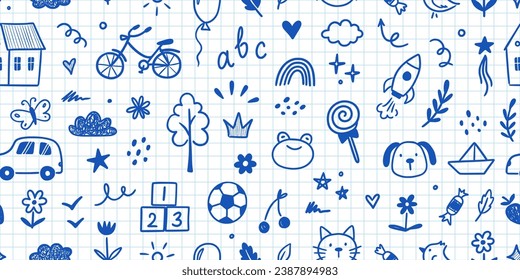 Kindergarten doodle vector background. Hand drawn doodle style children cute seamless pattern, preschool wallpaper. Kids education simple background with toy, car, house elements. Vector illustration