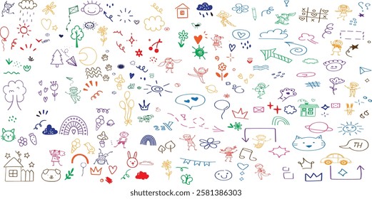 Kindergarten doodle vector background. Hand drawn doodle style children cute seamless pattern, preschool wallpaper. 