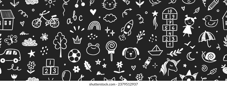 Fondo de pizarra vectorial de garaje infantil. Niños de estilo doodle dibujados a mano adorable patrón sin costura, papel tapiz preescolar. La educación de los niños es simple trasfondo. Ilustración del vector