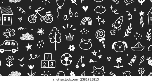 Fondo de pizarra vectorial de garaje infantil. Niños de estilo doodle dibujados a mano adorable patrón sin costura, papel tapiz preescolar. La educación de los niños es simple trasfondo. Ilustración del vector