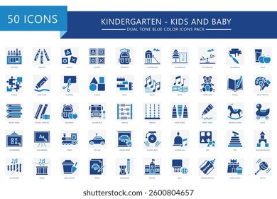 Kindergarten dual tone icons set. contain game, pencil, puzzle, seesaw, toy, ball, playground, book and more. best for UI, UX kit, web and app development. vector EPS 10, for education, kids and baby.