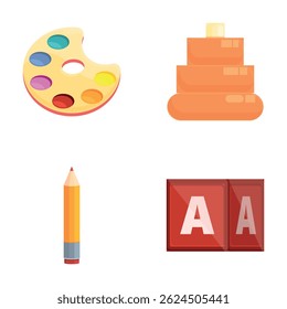 Ícones educacionais de jardim de infância definem vetor de desenhos animados. Ferramenta educacional de aprendizagem precoce. Ensino fundamental