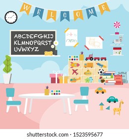 Kindergarten educational. Preschool room interior with toys. Back to school in flat design. Vector illustration.