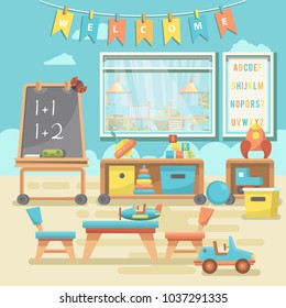 Kindergarten educational vector illustration with toys and preschool supplies in flat design. Pastel modern colors