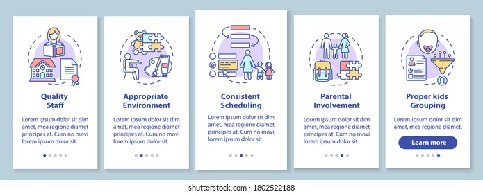 Kindergarten effectiveness components onboarding mobile app page screen with concepts. Quality staff. Walkthrough 5 steps graphic instructions. UI vector template with RGB color illustrations
