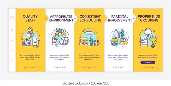 Kindergarten Effectiveness Components Onboarding Vector Template. Early Childhood Education. Responsive Mobile Website With Icons. Webpage Walkthrough Step Screens. RGB Color Concept
