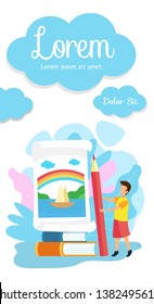 Kindergarten, Elementary School Brochure Template. Little Boy Holding Large Pencil Cartoon Character. Educational Institution Web Banner. Gifted Child Flat Vector Illustration with Text Space