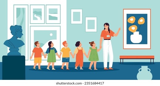 Kindergarten or elementary school children visiting museum listening to their teacher flat vector illustration