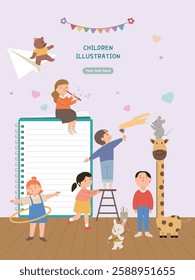 Kindergarten and elementary school entrance children character vector illustration