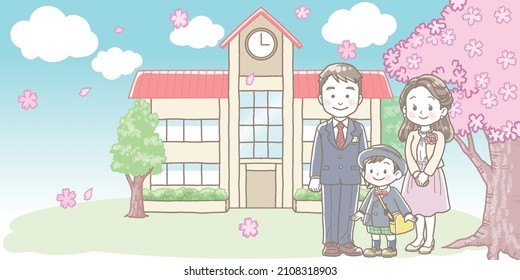 Kindergarten entrance ceremony illustrations, boys and parents