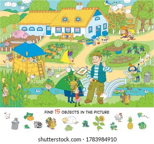 Kindergarten. Excursion to the farm. Cheerful vector illustration. Find 15 objects in the picture. Puzzles, hidden objects