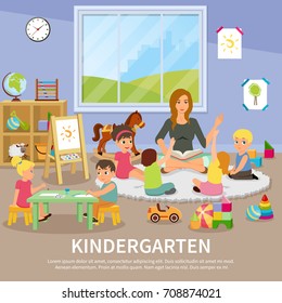 Kindergarten flat composition with educator working with children, kids during drawing, colorful toys, interior elements vector illustration 