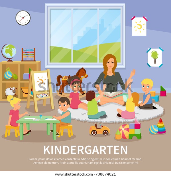 Kindergarten wallpaper flat composition with educator working with children, kids during drawing, colorful toys, interior elements vector illustration.