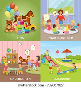 Kindergarten flat design concept including educator during gaming lesson, colorful toys, kids at playground isolated vector illustration 