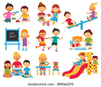 Kindergarten flat icons set with children playing with toys and each other isolated vector illustration