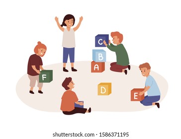 Kindergarten flat vector illustration. Children sitting on floor and playing cubes with letters isolated on white background. Educational game for preschoolers. Kids education and development.