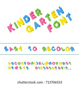 Kindergarten Font. Folded Paper Cut Sans Serif Typeface. Letters, Numbers, Punctuation Marks. Kids Latin Alphabet. Vector
