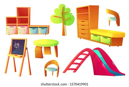 Kindergarten furniture, set cartoon vector illustrations. Wooden furniture for childrens play or class room, desk, chairs, empty bookshelves and cabinet with drawers, isolated on white background