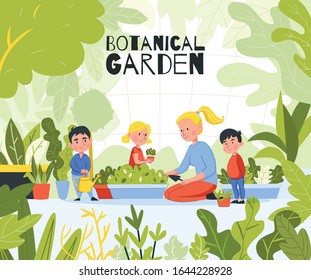 Kindergarten garden outdoor composition with images of green leaves plants and group of children with teacher vector illustration