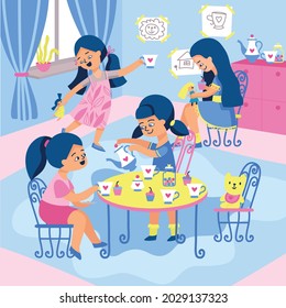 Kindergarten girls composition with characters of playing girls dolls and tea set with cups and kettles vector illustration