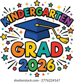 Kindergarten Graduation 2026 with Blue Graduation Cap and Colorful Fireworks on White Background Keywords: kindergarten, grad, graduation, 2026, celebration, cap, tassel, fireworks, stars