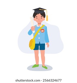 kindergarten graduation boy holding certificate in school uniform celebrating academic success