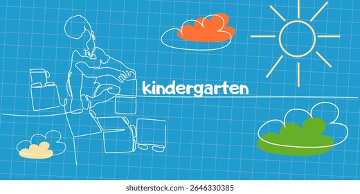 Kindergarten greeting text with a boy plays with blocks. Vector single line illustration of a child plays with blocks on a notebook background