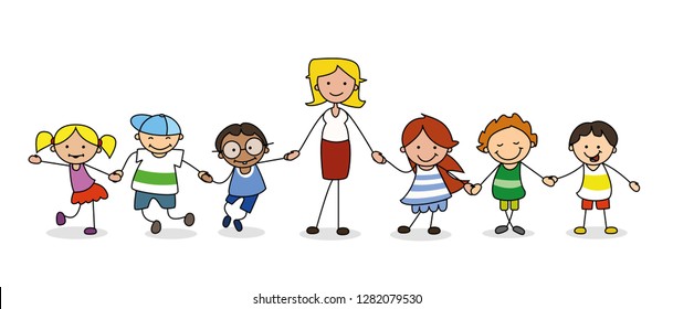 16 Inclusive Children Playing With Teacher Cartoon Images, Stock Photos ...