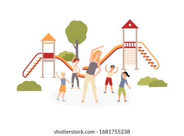 KIndergarten group of children with teacher performing sport activity outdoor on kids playground, flat cartoon vector illustration isolated on white background.