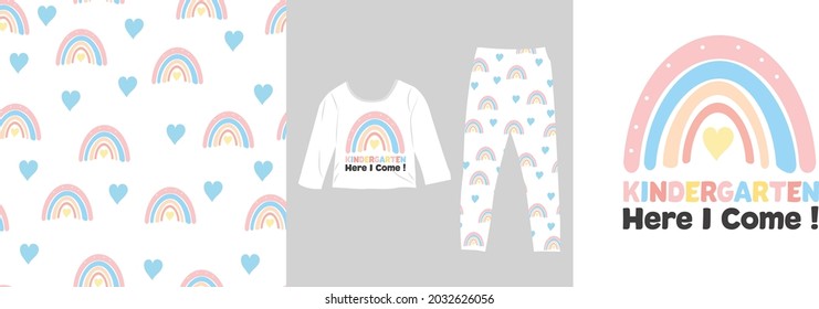 Kindergarten here I come. Graphics for kids t-shirt and merch prints. Rainbow seamless pattern with hearts. kids cloth and shorts. 