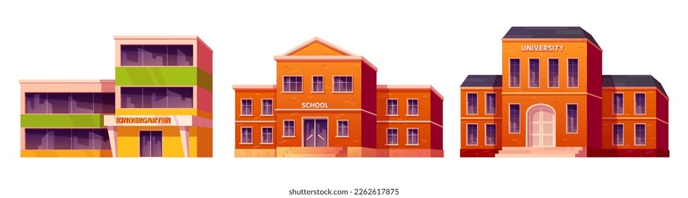 Kindergarten, high school and university building vector illustration set. Education house exterior cartoon design isolated on white background. Front view municipal preschool department.