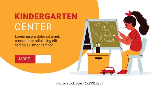 Kindergarten horizontal banner with little girl drawing on easel with chalk editable text and more button vector illustration