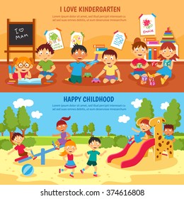 Kindergarten Horizontal Banner Set With Happy Children Isolated Vector Illustration