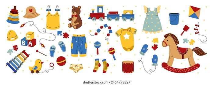 Icono de Kindergarten. Juguetes para niños. Ropa para niños. Caballo de madera. Oso de peluche. Juego de preescolar. Doodle moda de bebé. Lindo mono de niño. Tren infantil o bloques de juego. Vector de la infancia ordenado conjunto de Vector