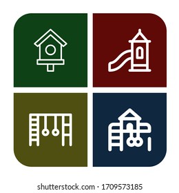 conjunto de iconos de kindergarten. Colección de casas de pájaros, Toboggan, bares de monos, iconos de recreo