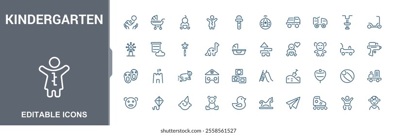 Kindergarten icon set. Contains related to play, kids, toy, preschool, kid, boy. Minimalist collection for mobile and web apps. Editable vector illustration.